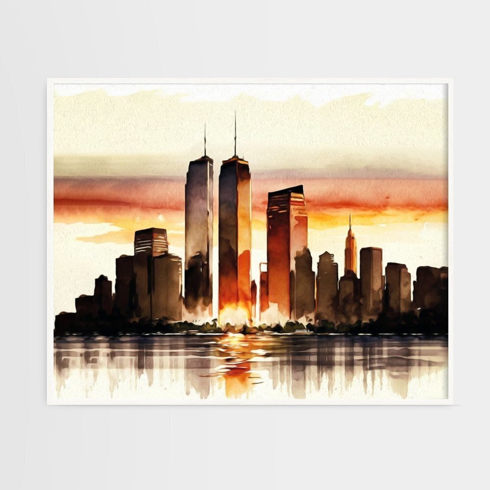20x30 Twin Towers New York City Pre 911 Sunset Watercolor Art Poster